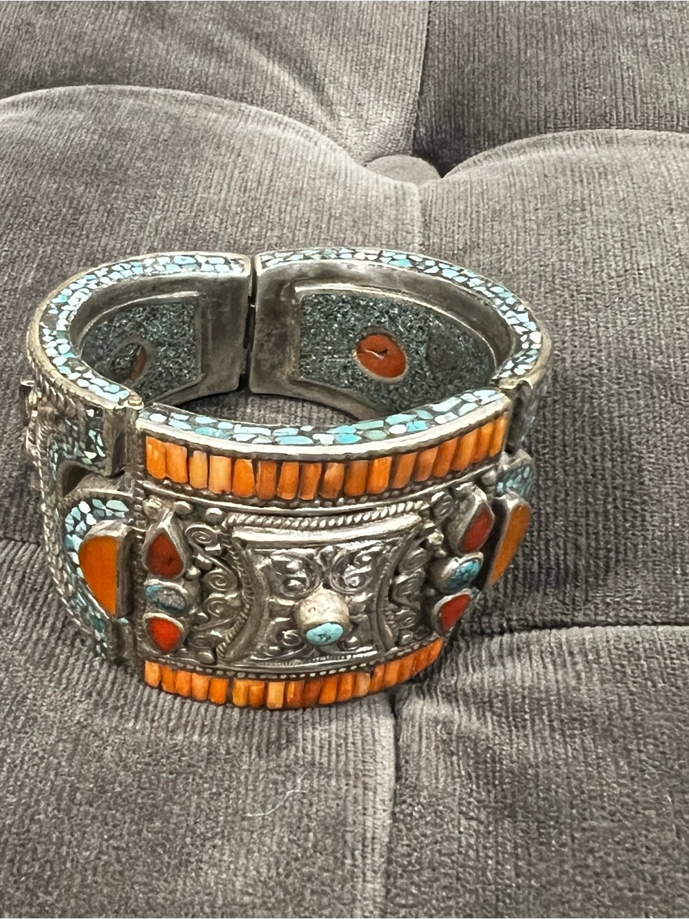 Vintage Handcrafted Tibetan Turquoise & Coral Silver Statement Bracelet